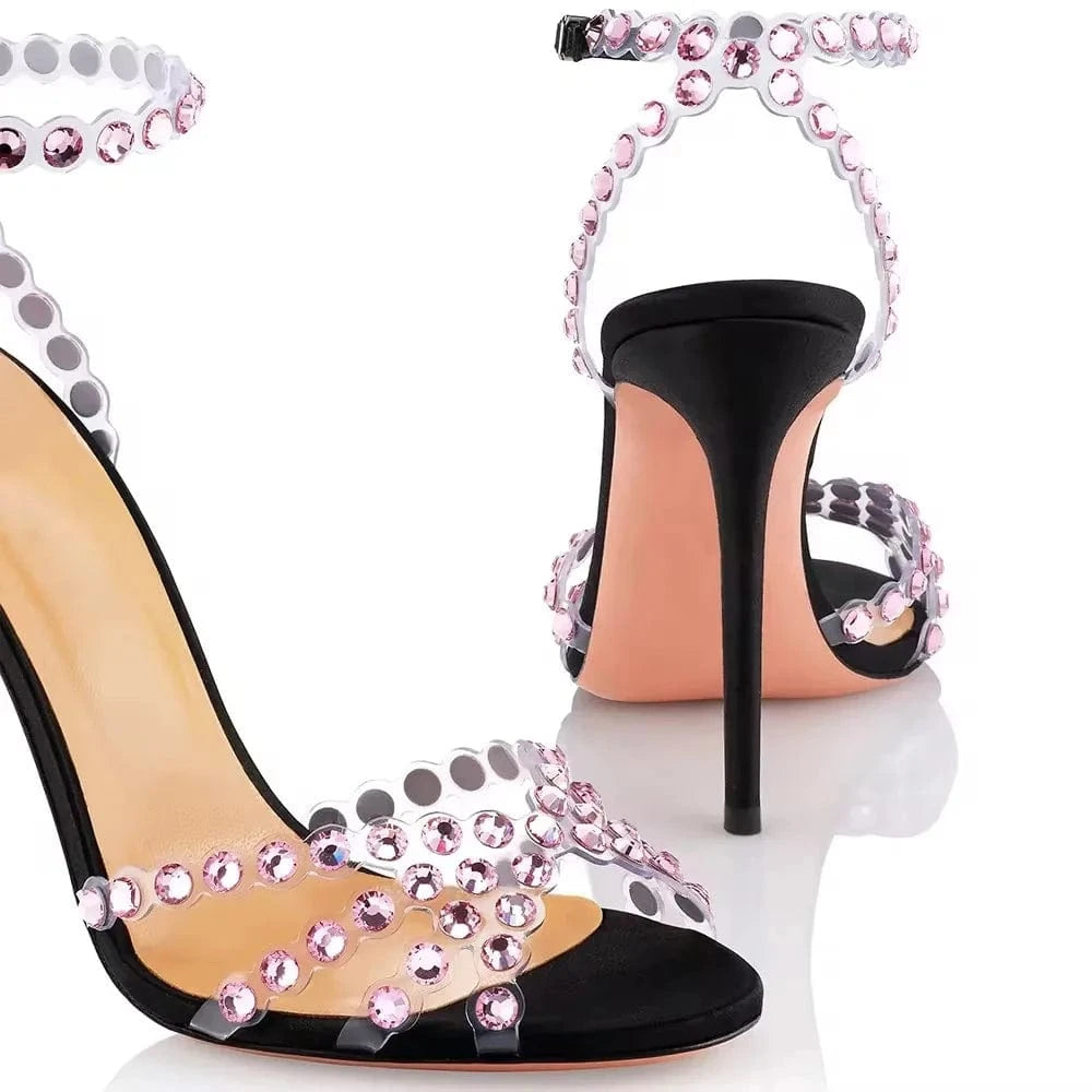 4 inch Crystal Sandals Clear Strap Gold Bridesmaids Rhinestone Luxury Stiletto Heels For Women Shoes