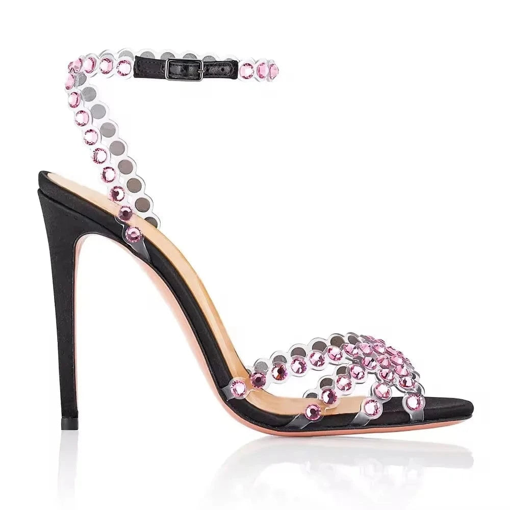 4 inch Crystal Sandals Clear Strap Gold Bridesmaids Rhinestone Luxury Stiletto Heels For Women Shoes