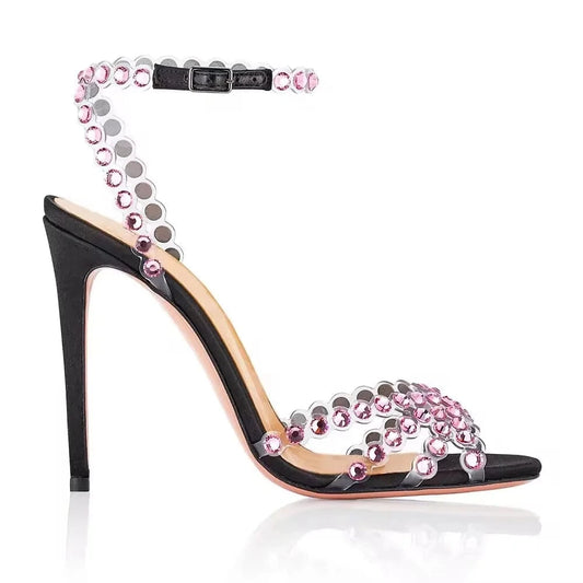 4 inch Crystal Sandals Clear Strap Gold Bridesmaids Rhinestone Luxury Stiletto Heels For Women Shoes