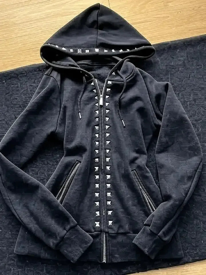 4 / L Street Style Gothic Skull Pattern Faux Fur Hoodie Womens Black Zip Up Hoodie Autumn Winter Fashion Slim Fit Coats Y2K Style