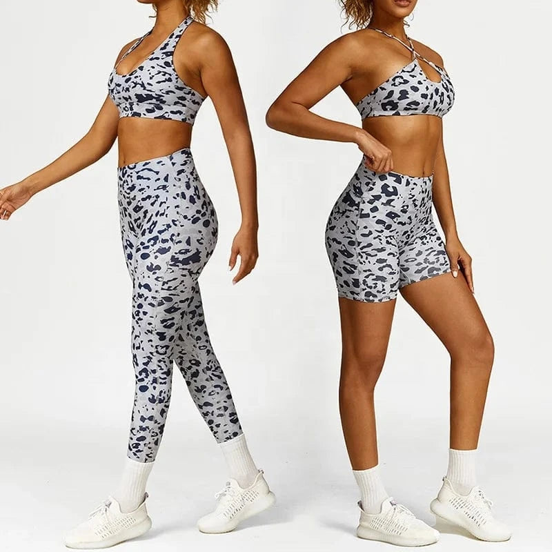 4 Pcs Leopard Yoga Set Summer High Waist Stretch Butt Gym Leggings Shorts Halter Sling Yoga Bra Workout Sets Suits Sports Wear