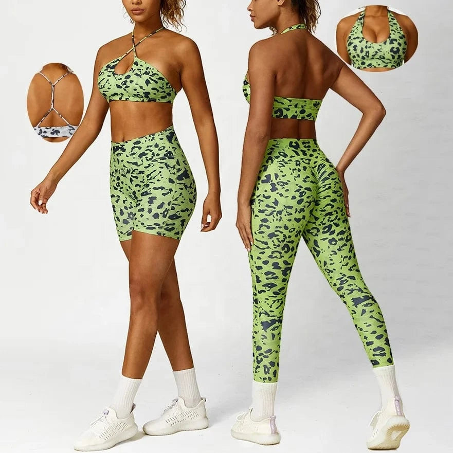 4 Pcs Leopard Yoga Set Summer High Waist Stretch Butt Gym Leggings Shorts Halter Sling Yoga Bra Workout Sets Suits Sports Wear