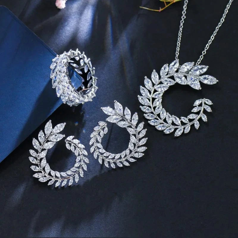 4 pieces New Fashion Leaf Shape Bridal CZ Drop Earrings Necklace Bracelet and Ring Set Jewelry for Women Accessories