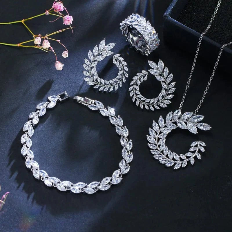 4 pieces New Fashion Leaf Shape Bridal CZ Drop Earrings Necklace Bracelet and Ring Set Jewelry for Women Accessories