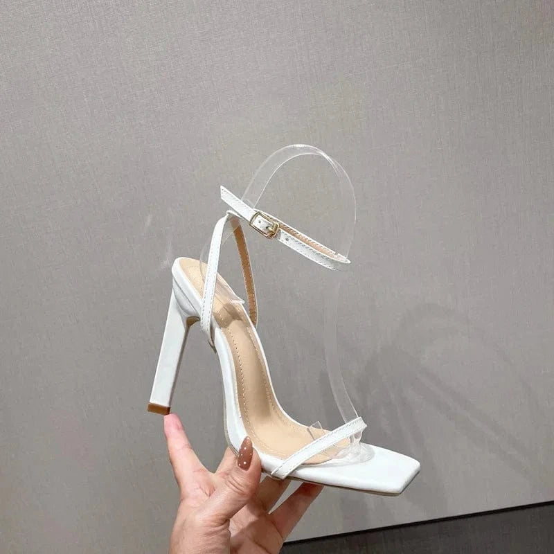 4 / White BUSY GIRL XSD3416 Women's square toe block heel heels shallow buckle plastic single shoe lace-up splicing heeled sandals