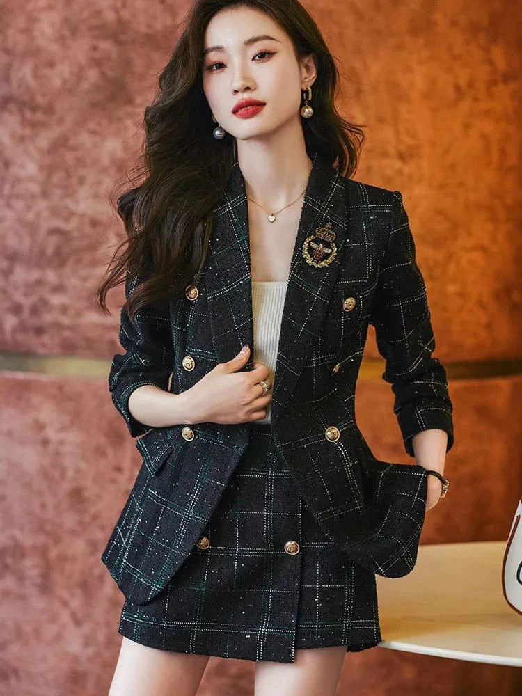 4 XL / 2 Piece Green Suit Wholesale Elegant Tweed Blazer Outfit Women Double Breasted Pockets Green Coffee Plaid Short Pants Suit 2 Pieces Fashionable Set
