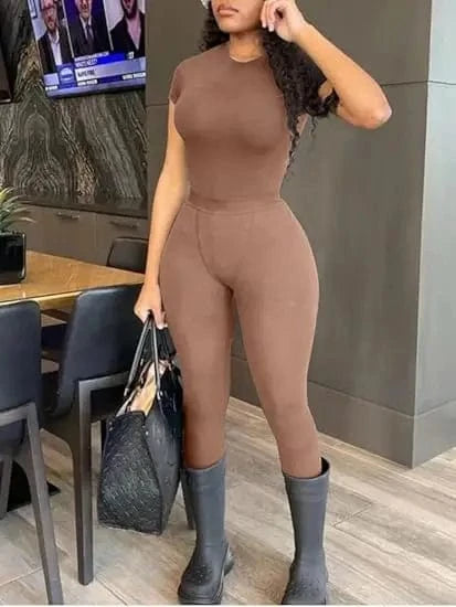 4 XL / Brown Summer Lounge Wear Ladies Knitted Short Sleeves Pant Two Piece Ribbed Set 2024 Loungewear Leggings Fitness Women Lounge Wear