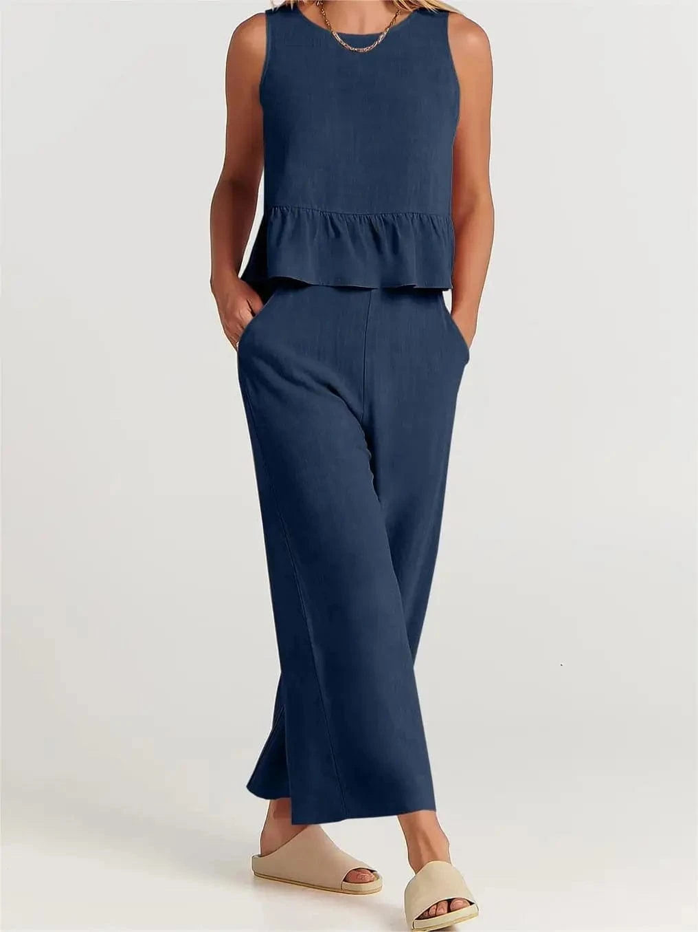 4 XL / Dark blue New fashion women's summer sleeveless pleated bottoming shirt wide-legged pants casual suit top + pants two-piece casual suit