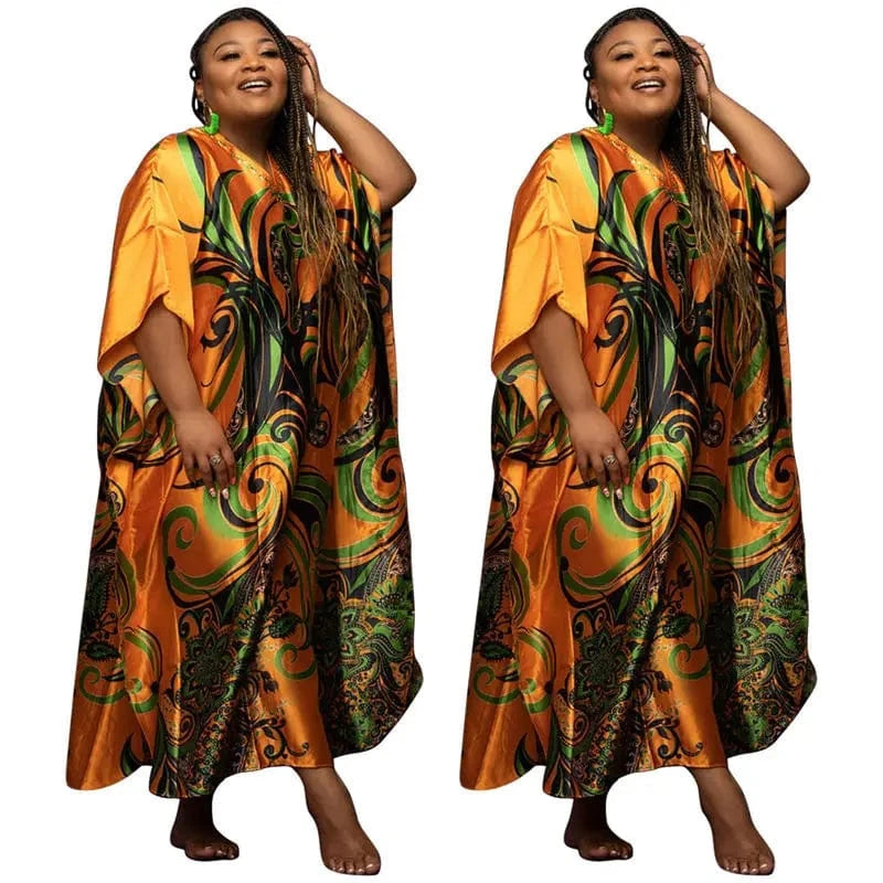 4 XL / Orange Africa Dresses for Women Summer Loose Turkey Print Dress Faux Silk Satin Maxi Woven Dress Plus Size