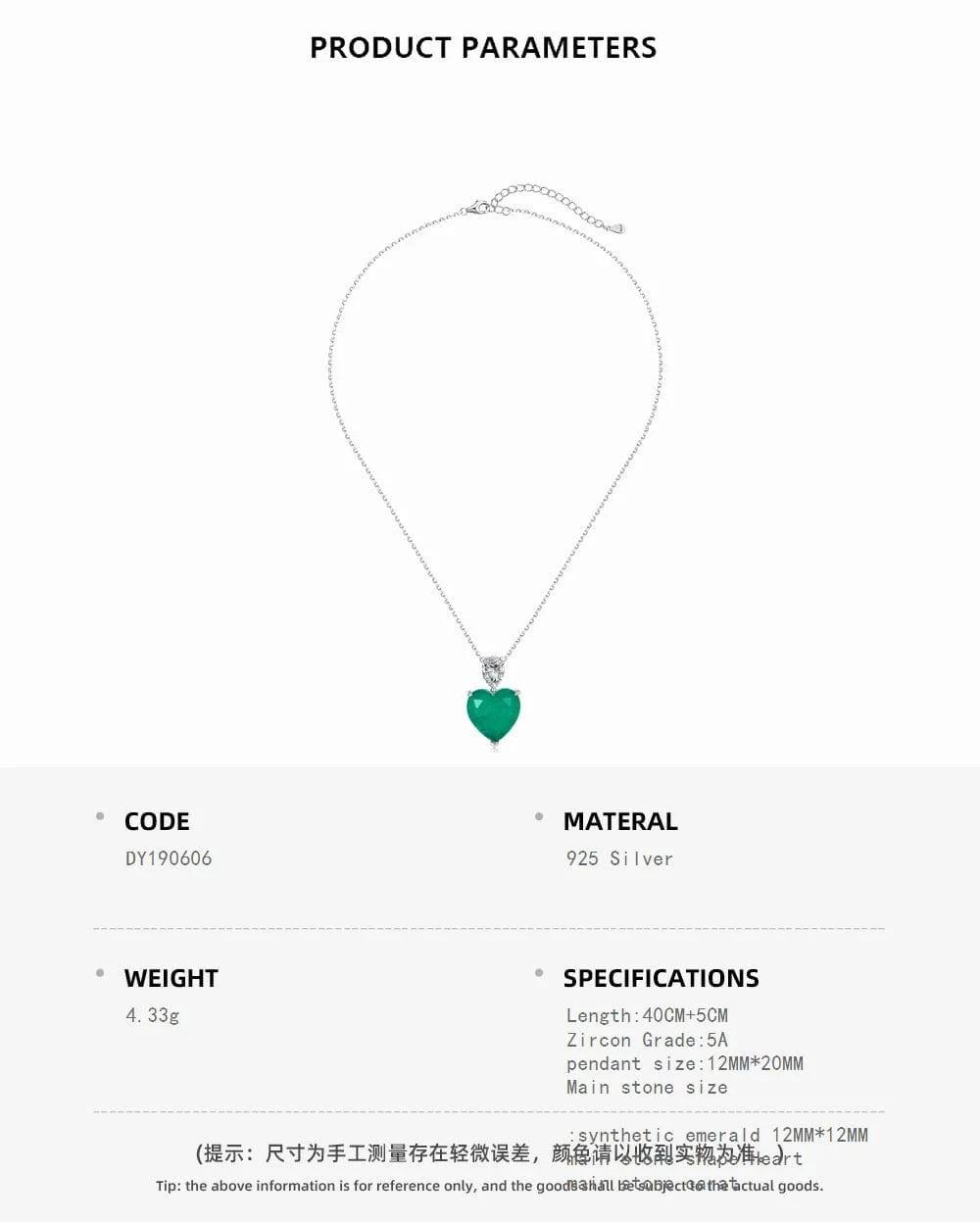 40+5 cm / DY190606-S-W-WG Dylam Wholesale Jewelry S925 Silver Green Emerald Heart Necklaces For Women Big Cz Cubic Zircon Diamond Heart Pendant Necklace