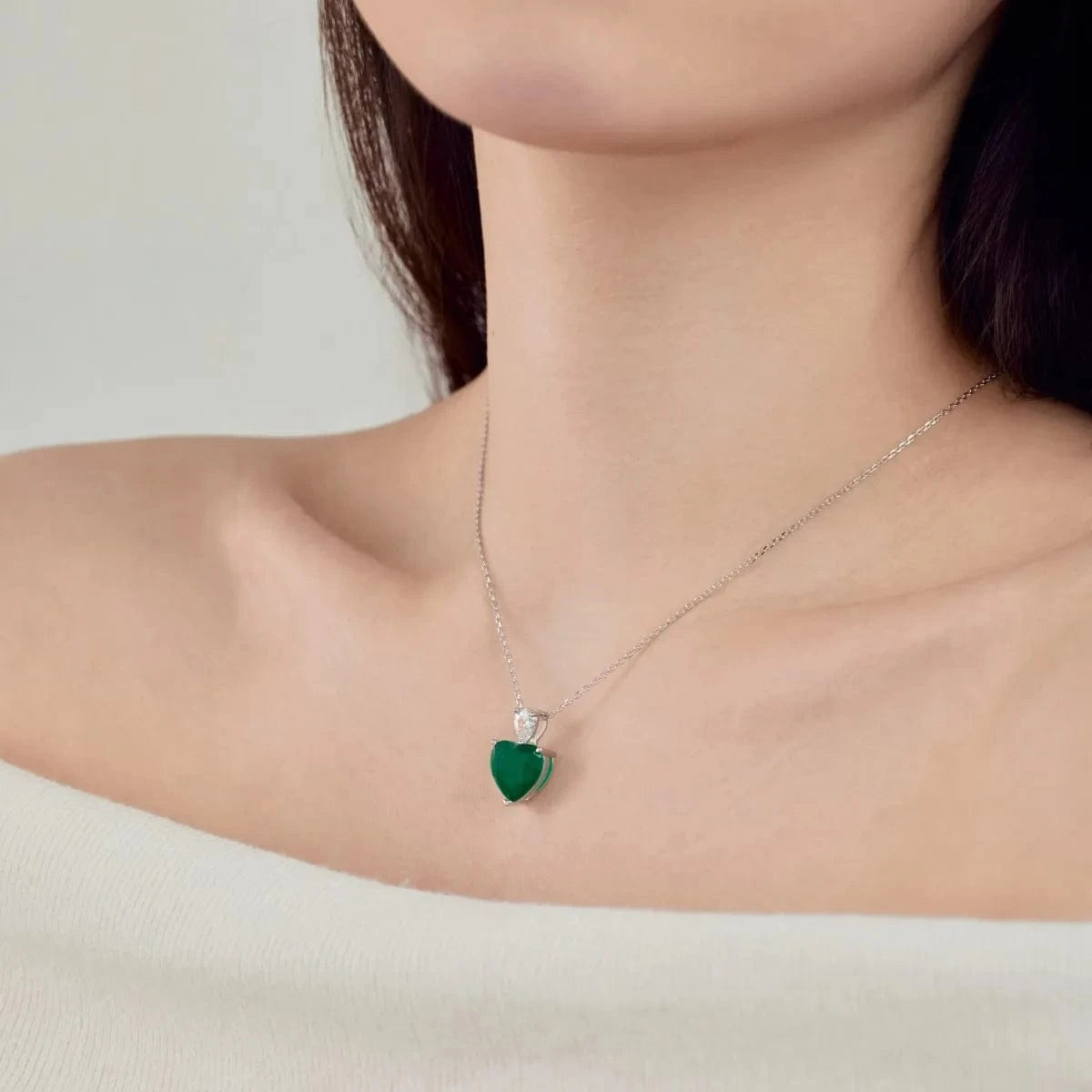40+5 cm / DY190606-S-W-WG Dylam Wholesale Jewelry S925 Silver Green Emerald Heart Necklaces For Women Big Cz Cubic Zircon Diamond Heart Pendant Necklace