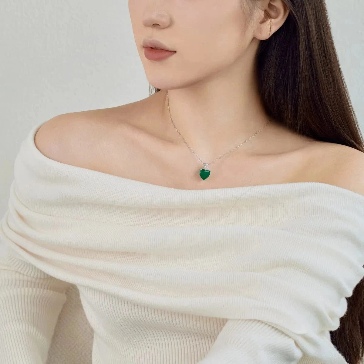 40+5 cm / DY190606-S-W-WG Dylam Wholesale Jewelry S925 Silver Green Emerald Heart Necklaces For Women Big Cz Cubic Zircon Diamond Heart Pendant Necklace