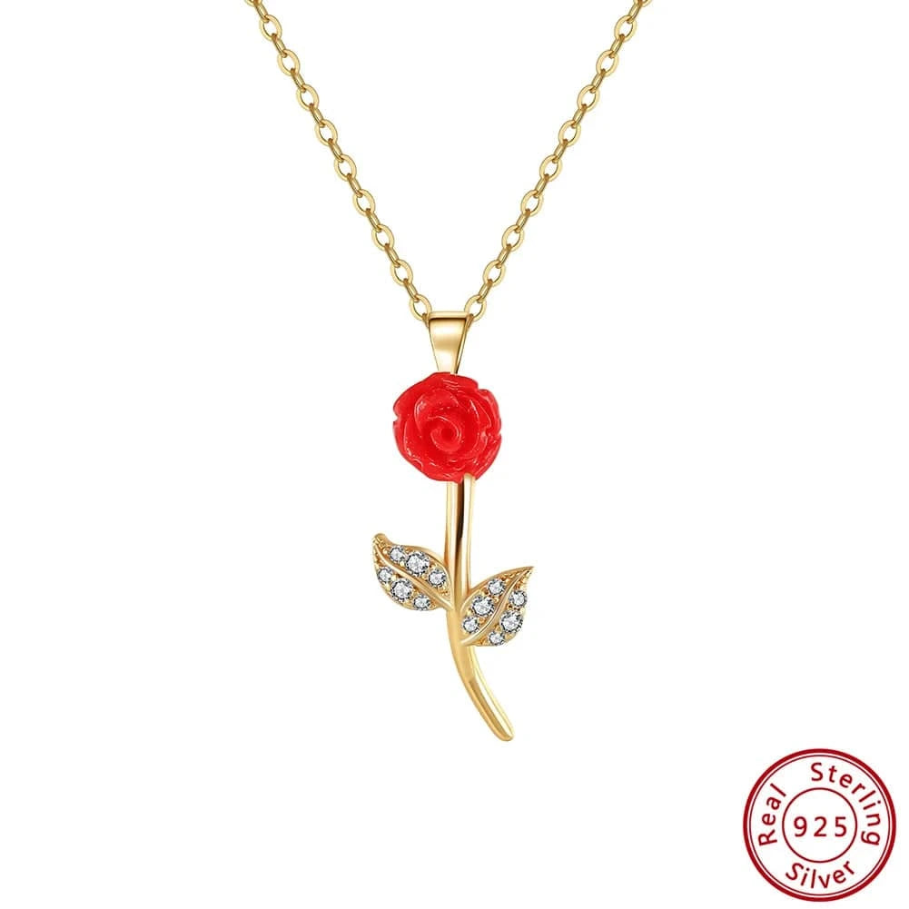 40+5cm / 14k Gold Plated RINNTIN SN341 Fine Jewelry Acrylic Rose Flower Necklace Zircon 14k Gold Plated 925 Sterling Silver Necklaces Women High Quality