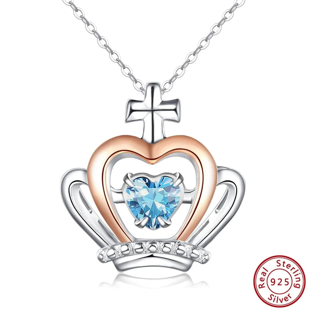 40+5cm / Aquamarine CZ RINNTIN SSN334 Garnet Stone Necklace Jewelry Set for Woman Crown Love Heart Gold Plated 925 Sterling Silver Birthstone Necklace