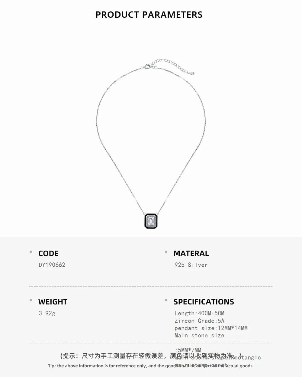 40+5cm / DY190662-S-W-WH Dylam Trendy Statement Black Cz Cubic Zirconia Square Necklace Elegant Sterling Silver 925 Women Zircon Necklaces Jewelry Set