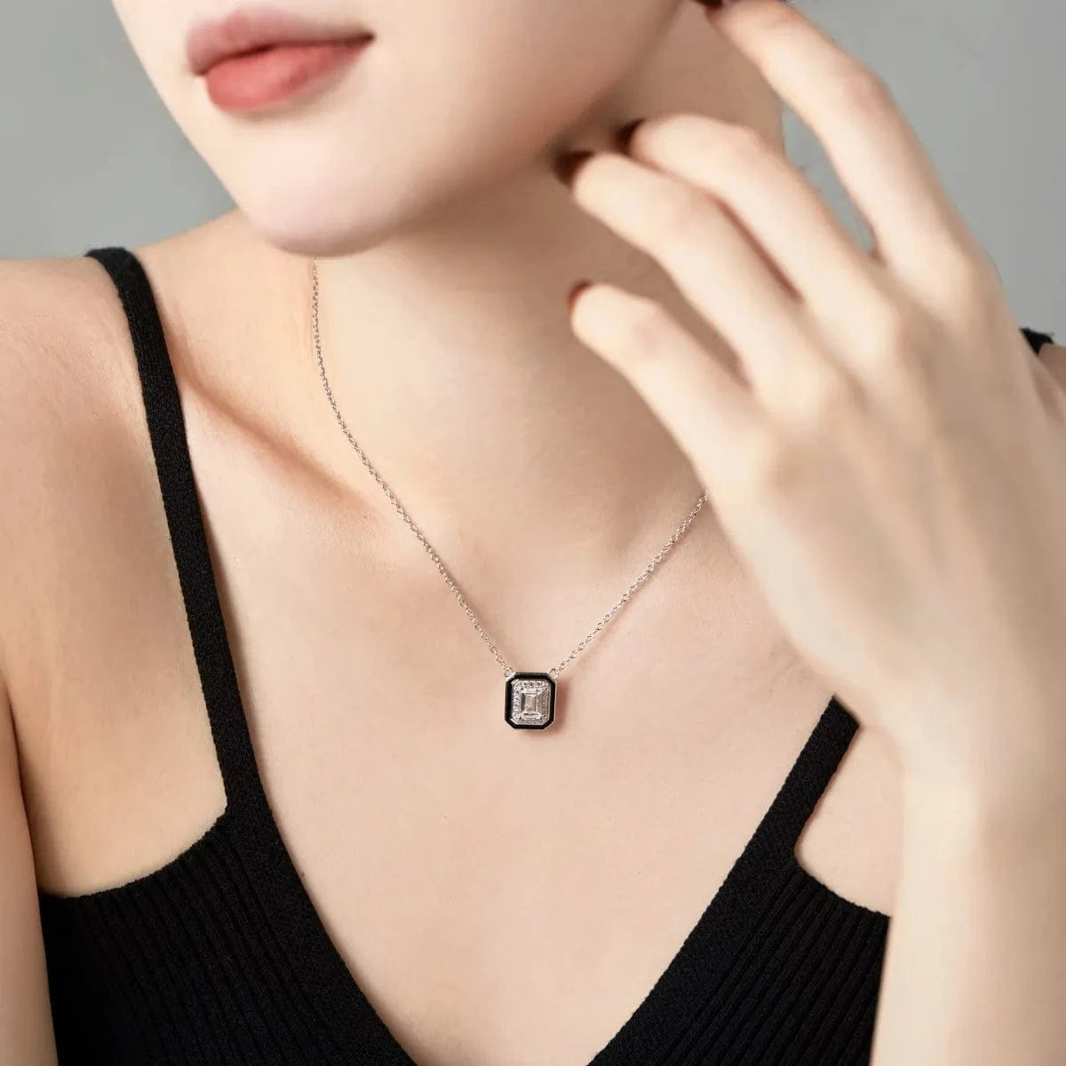 40+5cm / DY190662-S-W-WH Dylam Trendy Statement Black Cz Cubic Zirconia Square Necklace Elegant Sterling Silver 925 Women Zircon Necklaces Jewelry Set