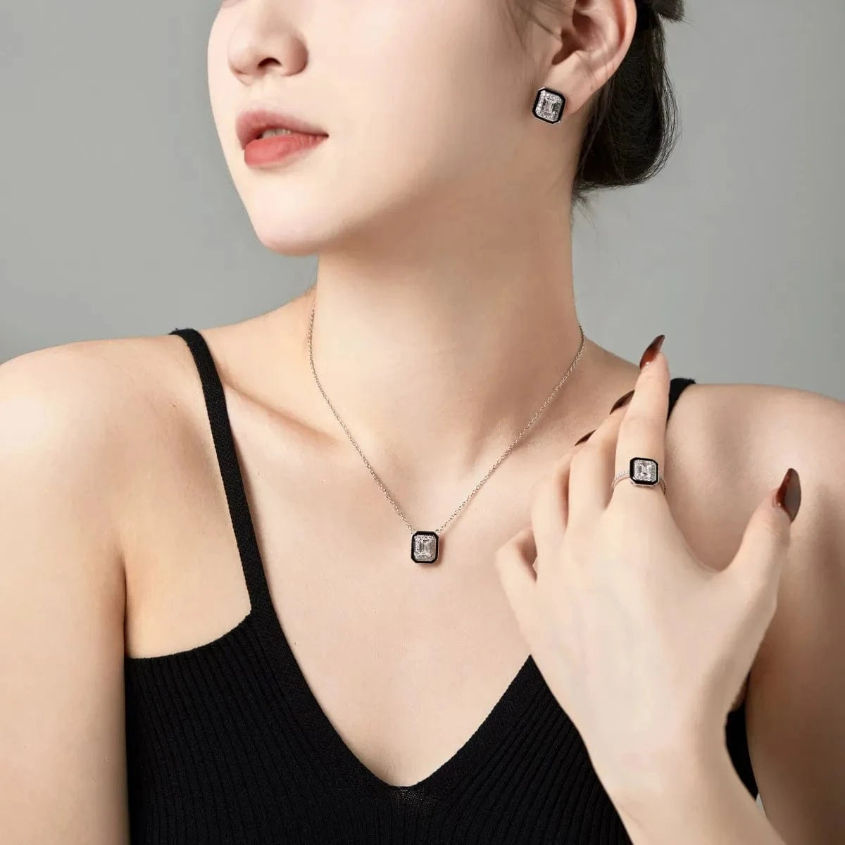 40+5cm / DY190662-S-W-WH Dylam Trendy Statement Black Cz Cubic Zirconia Square Necklace Elegant Sterling Silver 925 Women Zircon Necklaces Jewelry Set