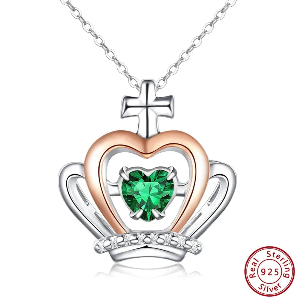 40+5cm / Emerald CZ RINNTIN SSN334 Garnet Stone Necklace Jewelry Set for Woman Crown Love Heart Gold Plated 925 Sterling Silver Birthstone Necklace
