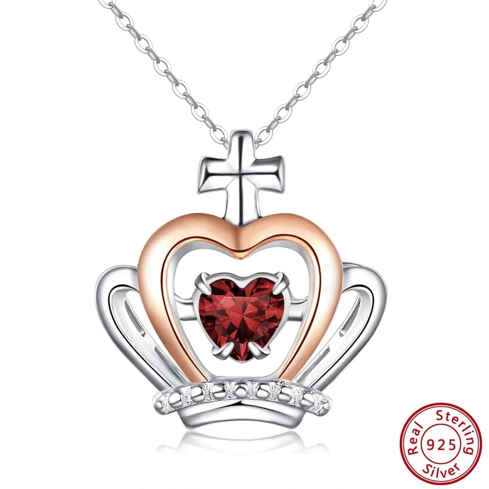 40+5cm / Garnet CZ RINNTIN SSN334 Garnet Stone Necklace Jewelry Set for Woman Crown Love Heart Gold Plated 925 Sterling Silver Birthstone Necklace