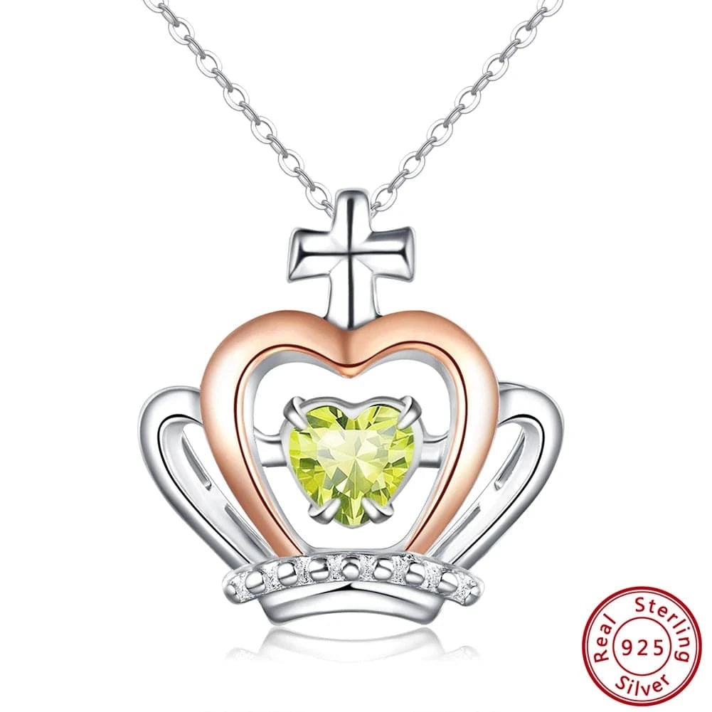40+5cm / Peridot CZ RINNTIN SSN334 Garnet Stone Necklace Jewelry Set for Woman Crown Love Heart Gold Plated 925 Sterling Silver Birthstone Necklace