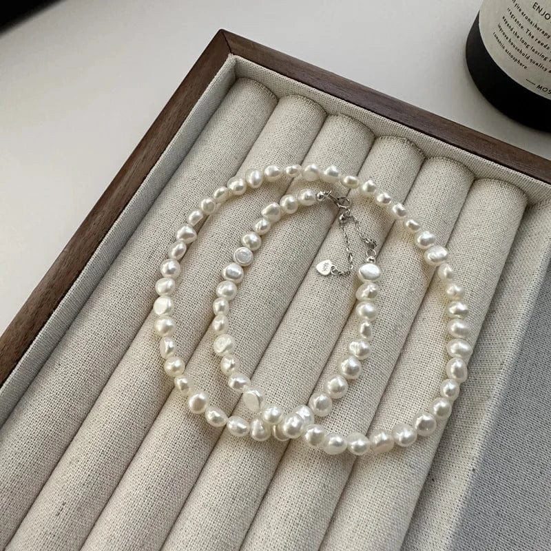 40+5cm / silver Fashion Handmade Irregular Freshwater Pearl Beaded Necklaces Women 925 Sterling Silver Jewelry