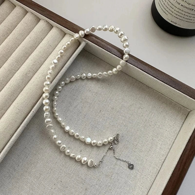 40+5cm / silver Fashion Handmade Irregular Freshwater Pearl Beaded Necklaces Women 925 Sterling Silver Jewelry