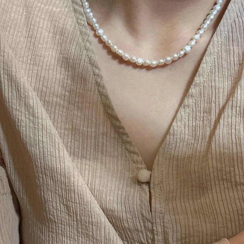 40+5cm / silver Fashion Handmade Irregular Freshwater Pearl Beaded Necklaces Women 925 Sterling Silver Jewelry
