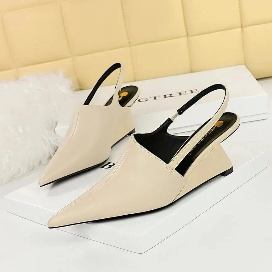 40 / Beige 35-40 Retro Fashion High Heel Women's Shoes Slope heel deep cut toe shoes Hollow back strap sandals pumps office lady pumps