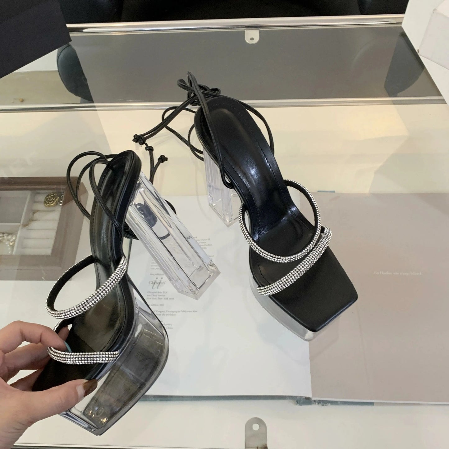 40 / Black 2024 New crystal heel waterproof strong rhinestone thin strap high heel women's sandals