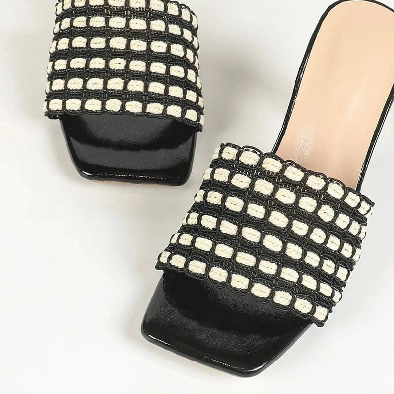 40 / Black Aneikeh Black Sewing Concise Heels Leisure Checkered Slip-On Shallow Fashion PU Square Toe Spike Heels Sandals For Women's 2024