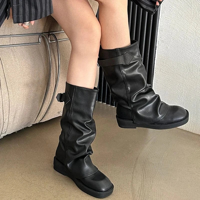 40 / Black Brown pile boots flat heel thick bottom elastic soft leather boots belt buckle decorative waste soil style all-match short boots