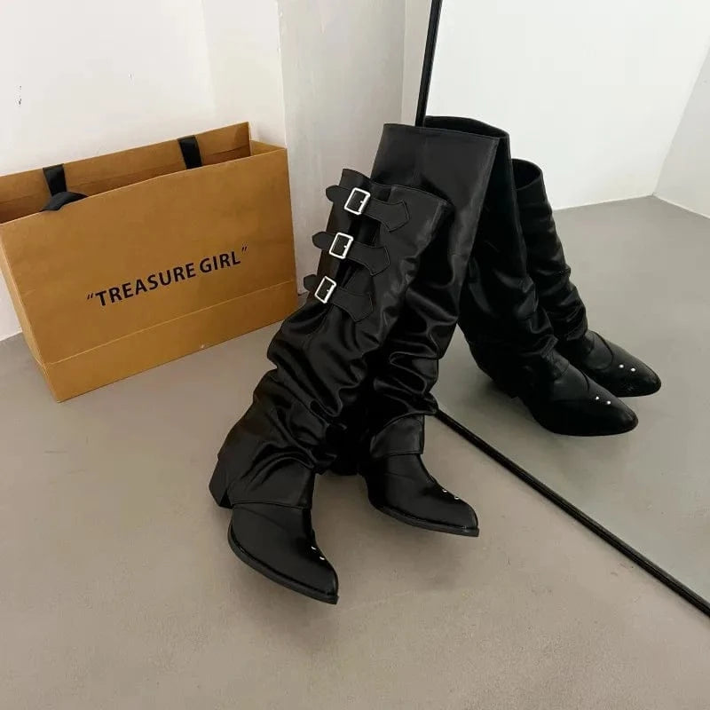 40 / Black Dropshipping Custom Logo High Heels Women's Western Cowboy Boots Long Knight Boots Pointed Shoes Rubber Insole for Autumn