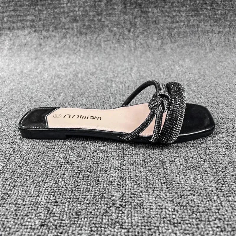 40 / Black Dropshipping Custom Logo Summer Women`s Flat Beach Slippers Outdoor Comfortable Fashion Rhinestone Slides
