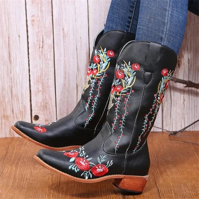 40 / Black Embroidery Floral Leather Cowboy Knight Boots for Women Pointed Toe Block Heel Street Fashion Western Mid Calf Boots