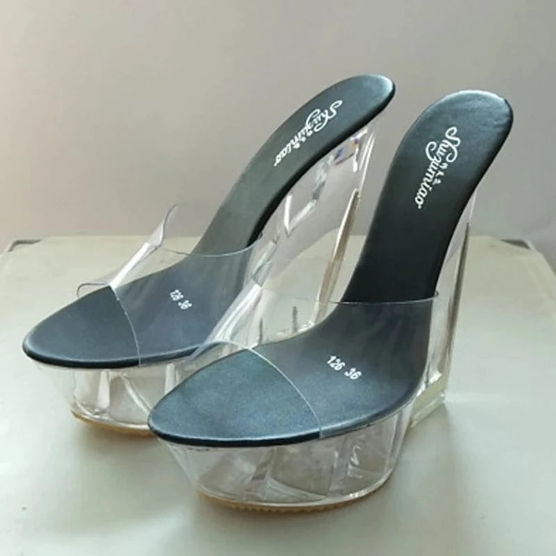 40 / Black Fashion Platform Wedge Heels 15 CM Sexy Shoes Women Heels Sandals Chunky High Heels Slippers