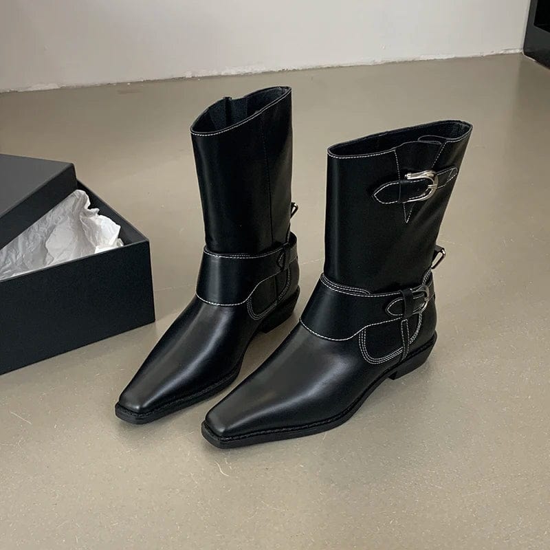 40 / Black Niche Design Metal Buckle Ankle Boots Women 2025 New Vintage Thick Heel Square Head Knight Boots Comfortable Low Heel Boots