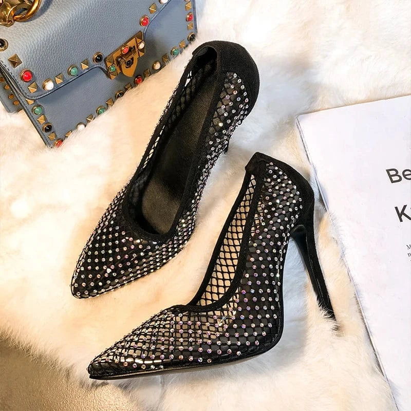 40 / Black Summer 2024 NEW Fashion Sequins Mesh surface Women Pumps Pointed end Thin High Heel Shoe Stiletto Heels Dance Wedding 35-42