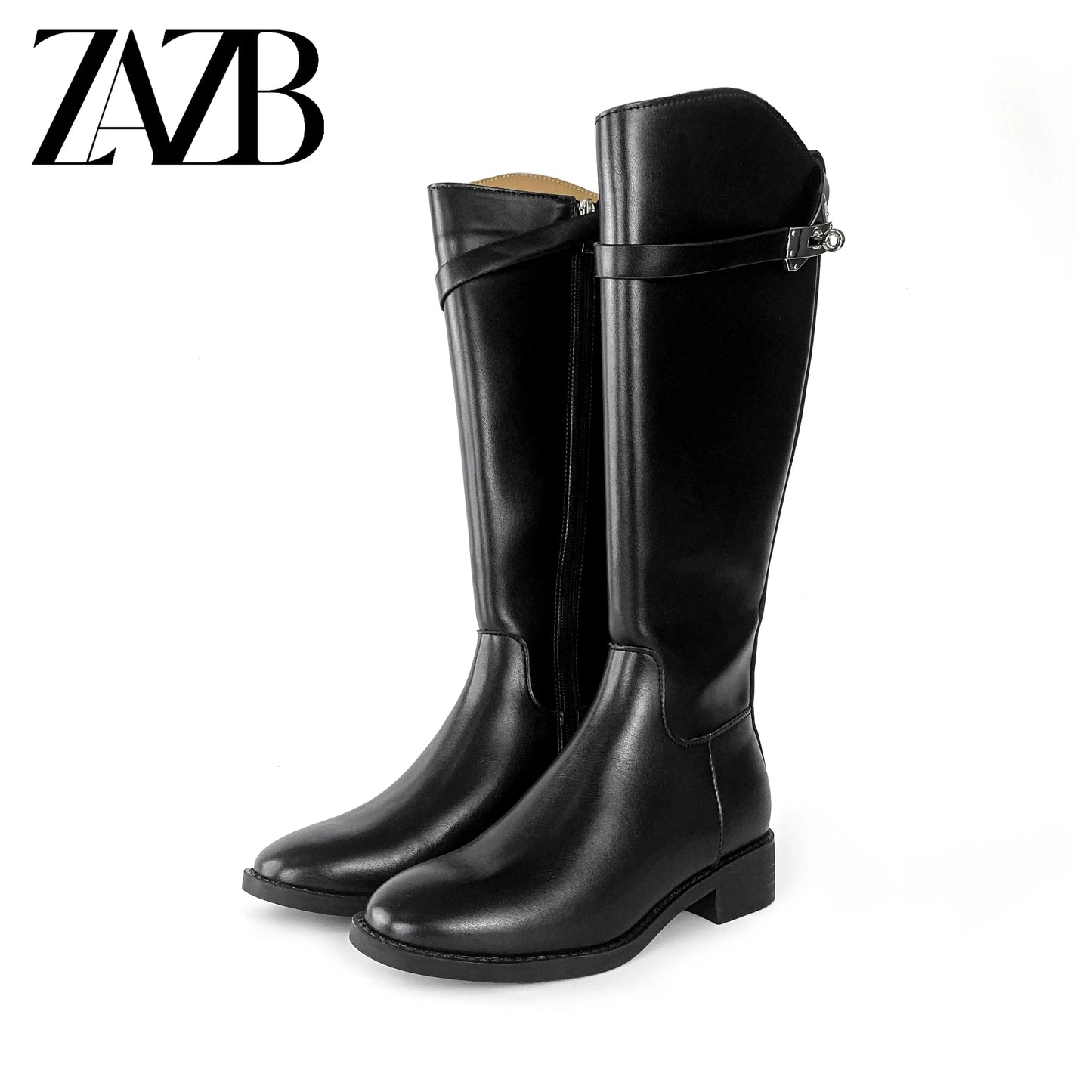 40 / Black ZAZB Autumn and Winter High Leg Knee Boots High Heel Leather Unique Gold Buckle Black Knight Boots