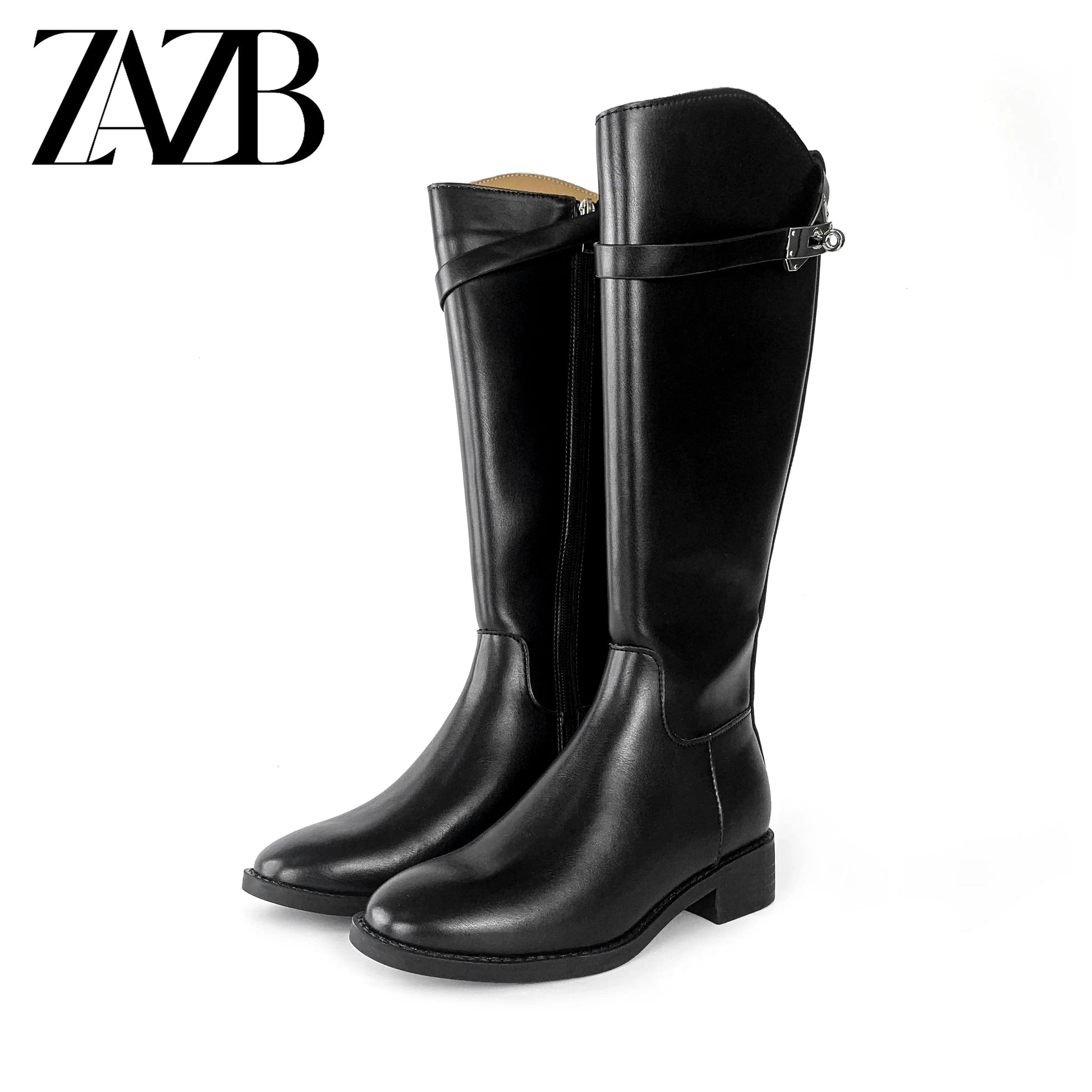 40 / Black ZAZB Autumn and Winter High Leg Knee Boots High Heel Leather Unique Gold Buckle Black Knight Boots