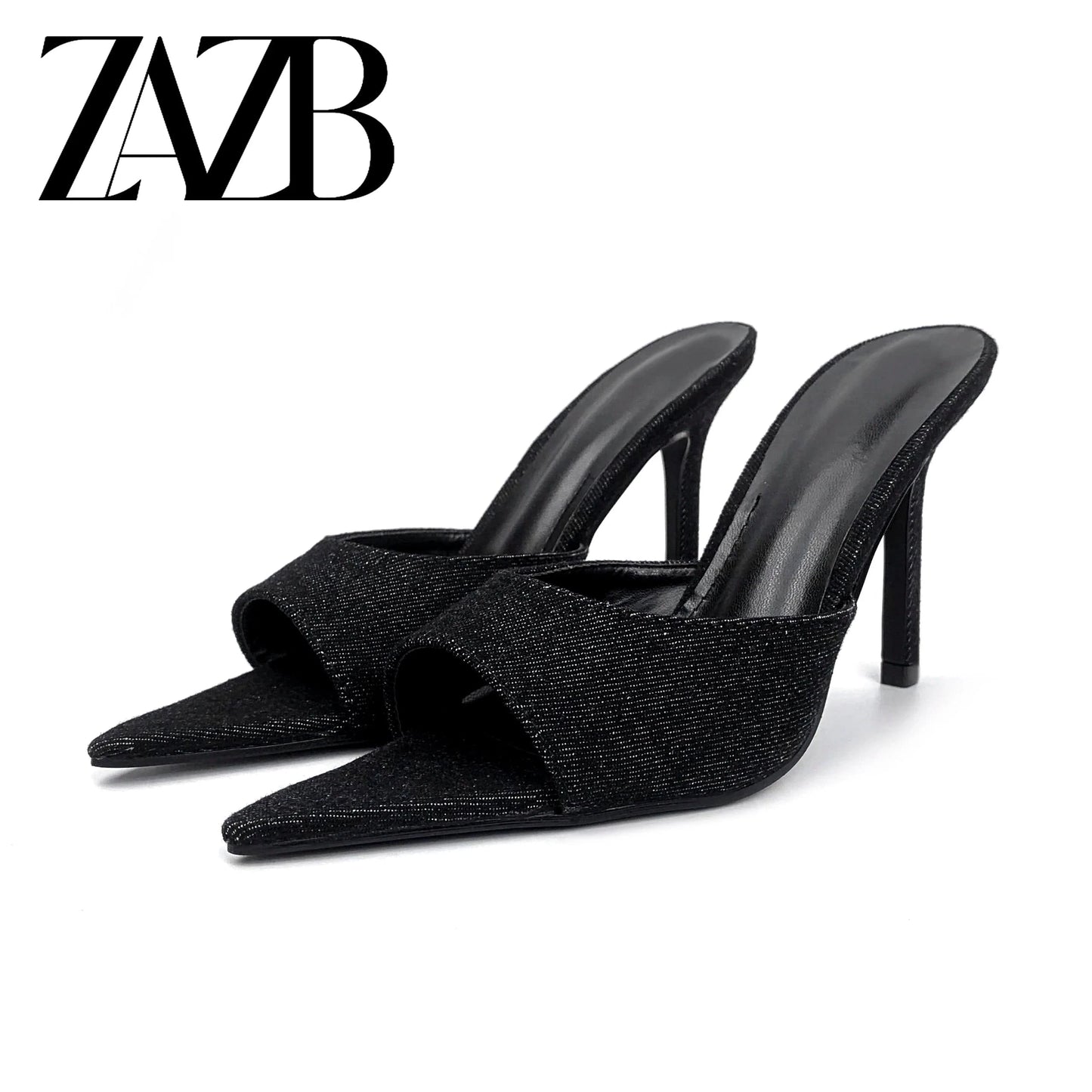 40 / Black ZAZB leather customized high heel slippers for women's denim pointed slippers for women's shoes