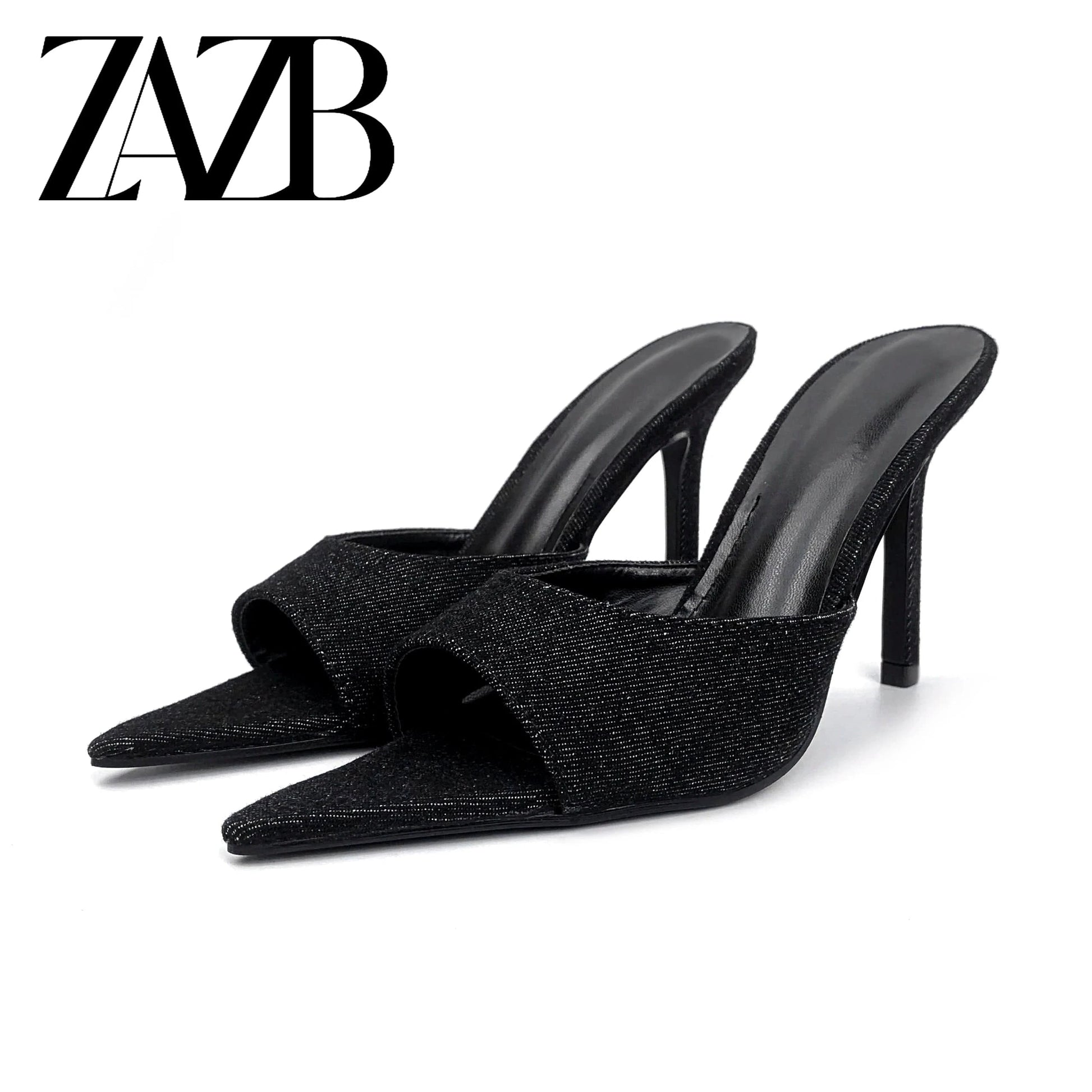 40 / Black ZAZB leather customized high heel slippers for women's denim pointed slippers for women's shoes