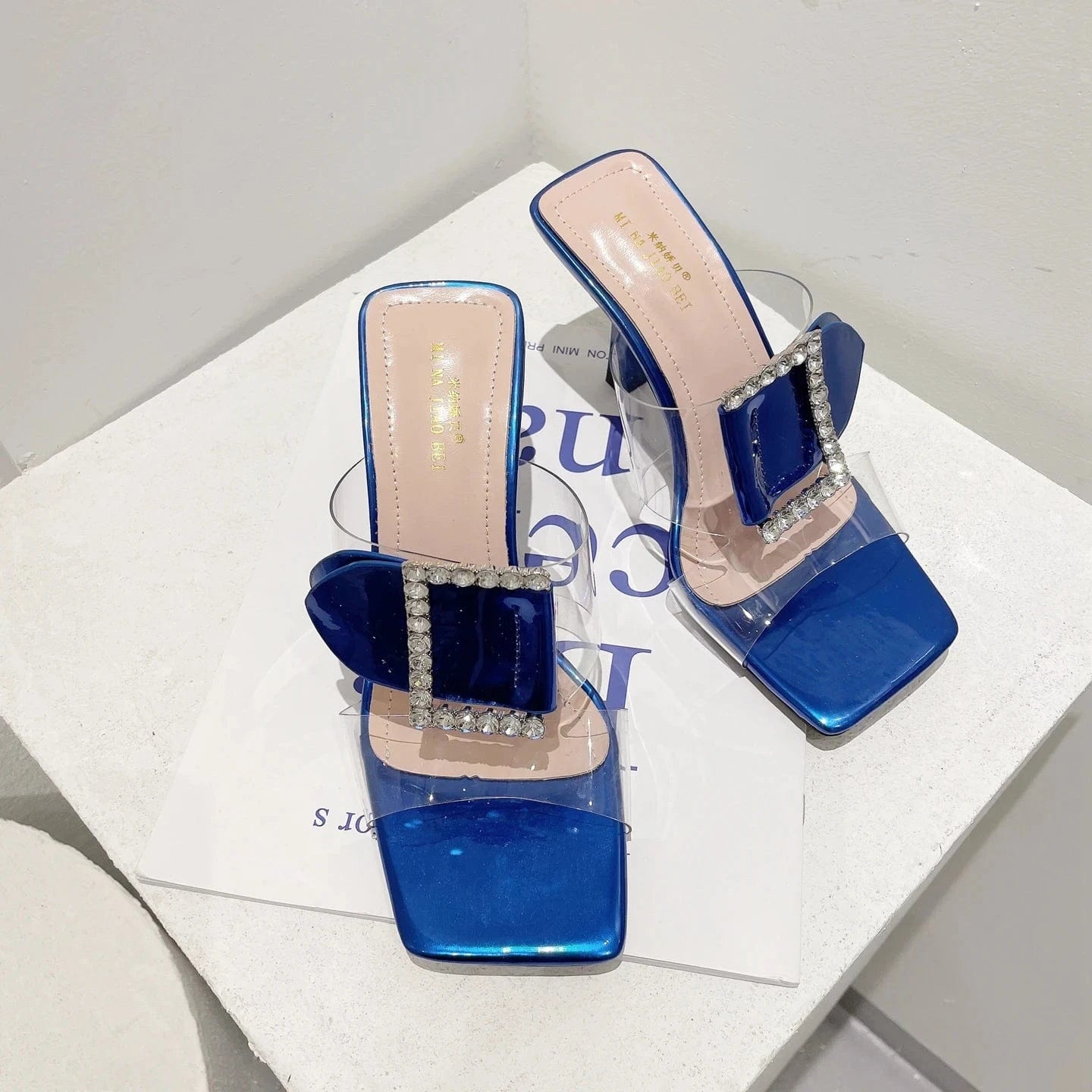 40 / Blue French design stiletto sandals women's 2023 summer new rhinestone square buckle outer wear transparent flip-flops high heels