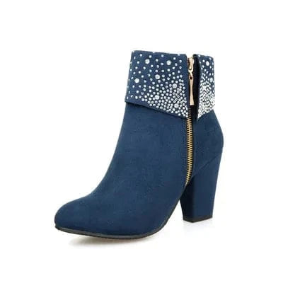 40 / Blue Red Blue Black Crystal Boots Women Ankle Boots For Women High Heel Winter Shoes Women Zipper Boots Size 32-46
