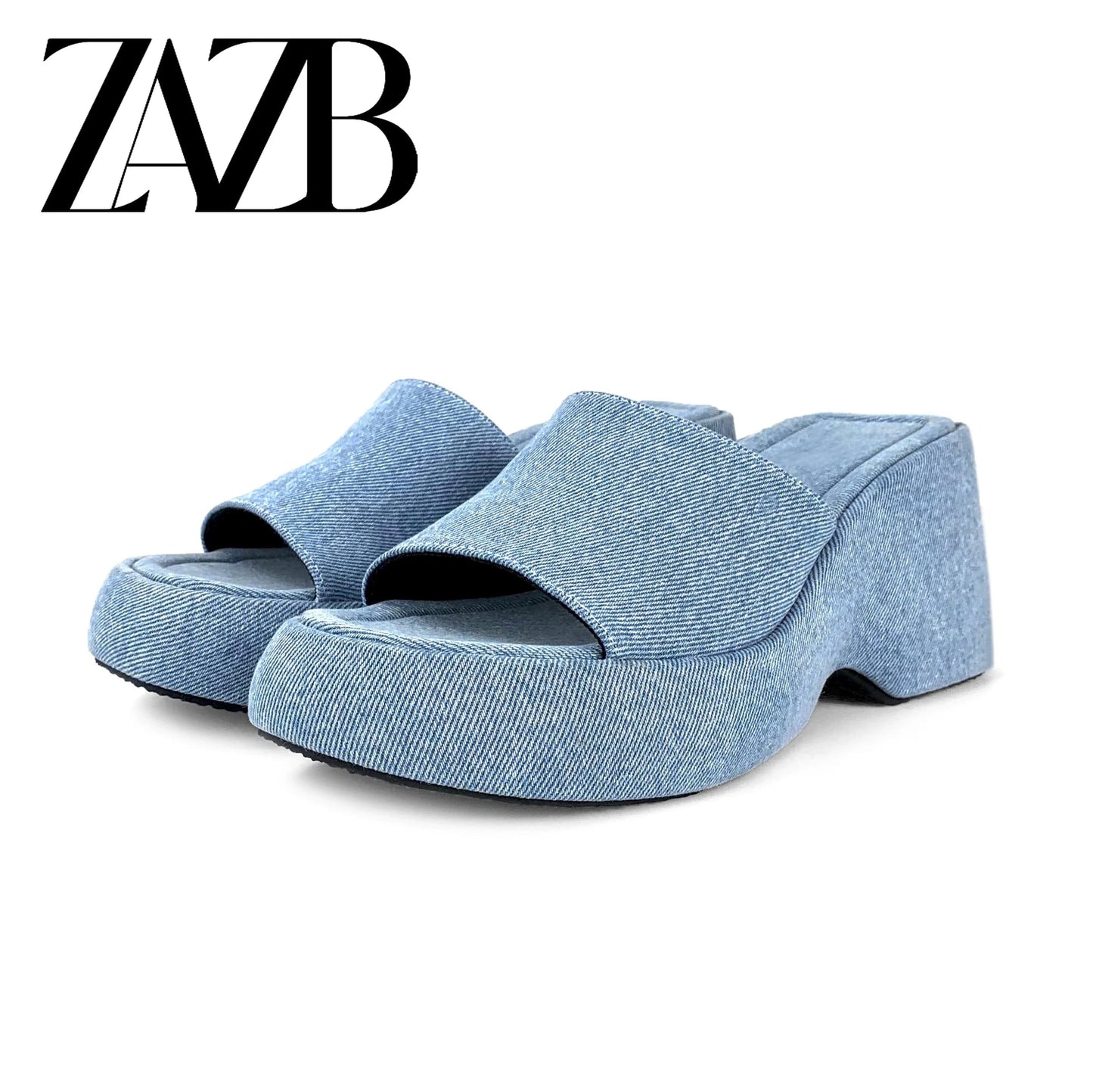 40 / Blue ZAZB New Summer Customized Women's High Heel Thick Sole Slippers Round Toe Open Toe Women's Thick Heel Sandals