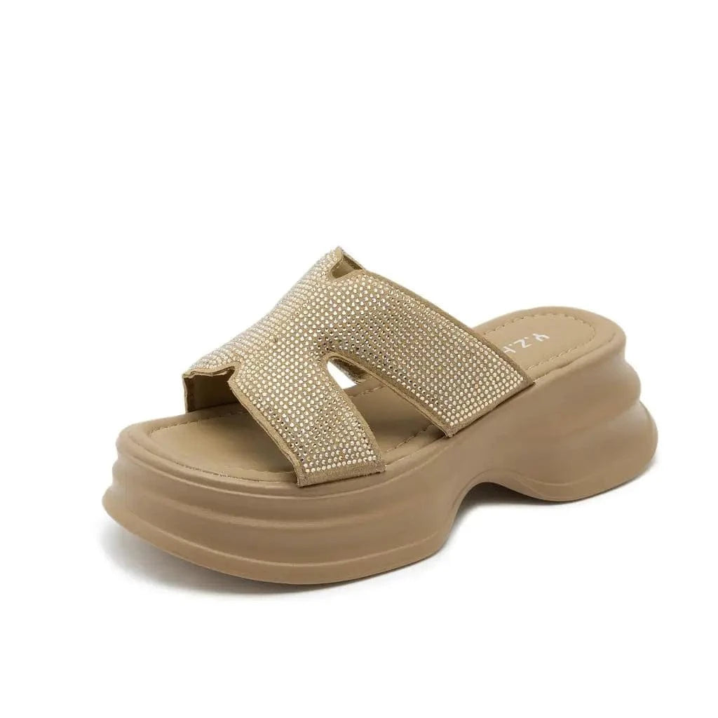40 / Brown Dropshipping Custom Logo Summer New Rhinestone Slippers Breathable Comfortable Ladies Wedges Sandals