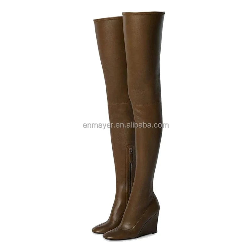 40 / Brown ENMAYER Female Popular Pointed Toe Wedge Heel Elastic Leather Over The Knee Women Thigh High Boots