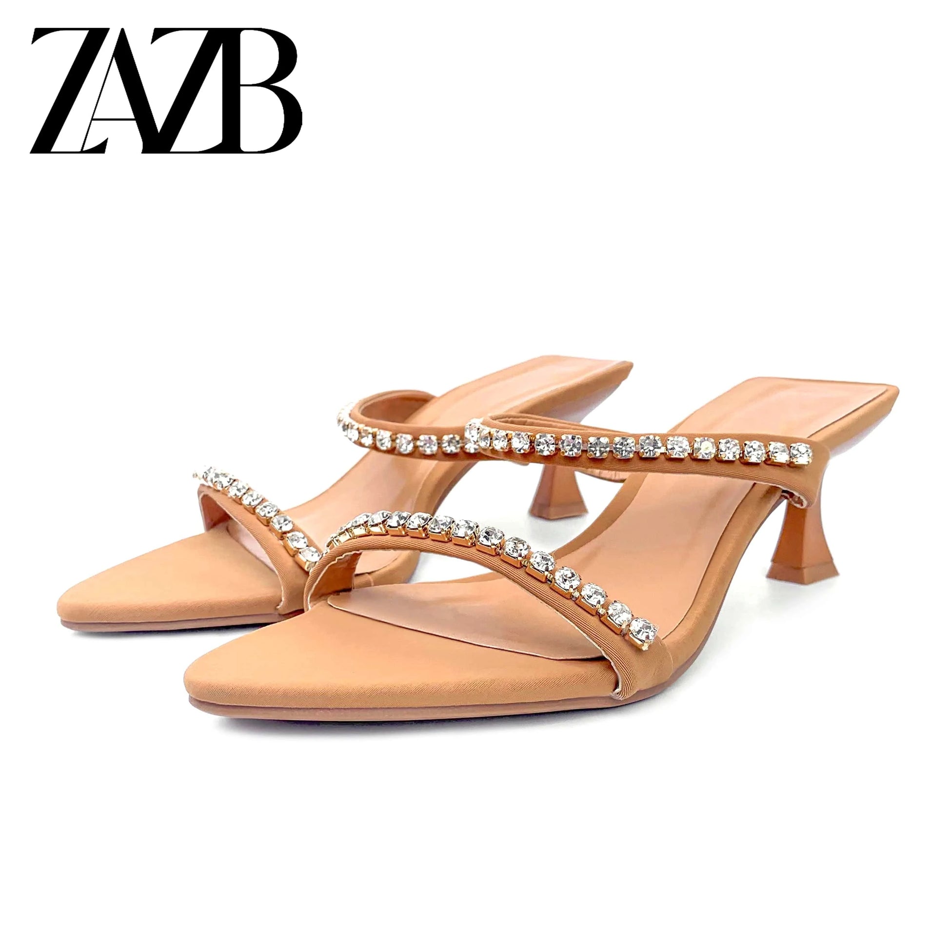 40 / Brown ZAZB New design formal Women's high heel slippers dress wedding chaussures femmes dew heel shoes sexy shining diamond for ladies