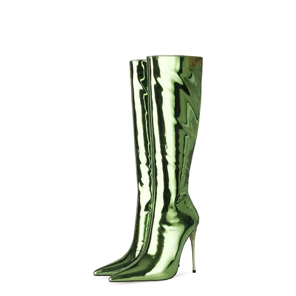 40 / Green Botas De Mujer Fashion Design Metallic Boots Women Mirror Leather Pointed Toe Stiletto Thin Heels Long Boot Knee High Boots