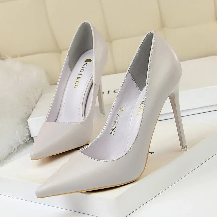 40 / Grey-10.5cm 9511-17 Trendy Simple Stiletto Ladies Heel Shoes Splicing Pointy With Shallow Tops Office Ladies Thin High Heels Shoes For Women