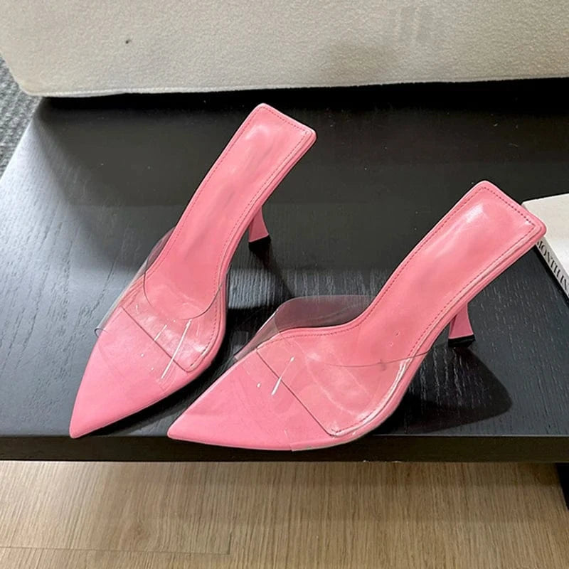 40 / Pink Aneikeh Black Leisure Solid PVC Peep Toe Shallow Thin Heels Slip-On Concise Sandals Shoes For Women Shoes Spring/Autumn Fashion